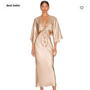 Shana Joy La Lune Tie Front Bias Midi Dress in Gold